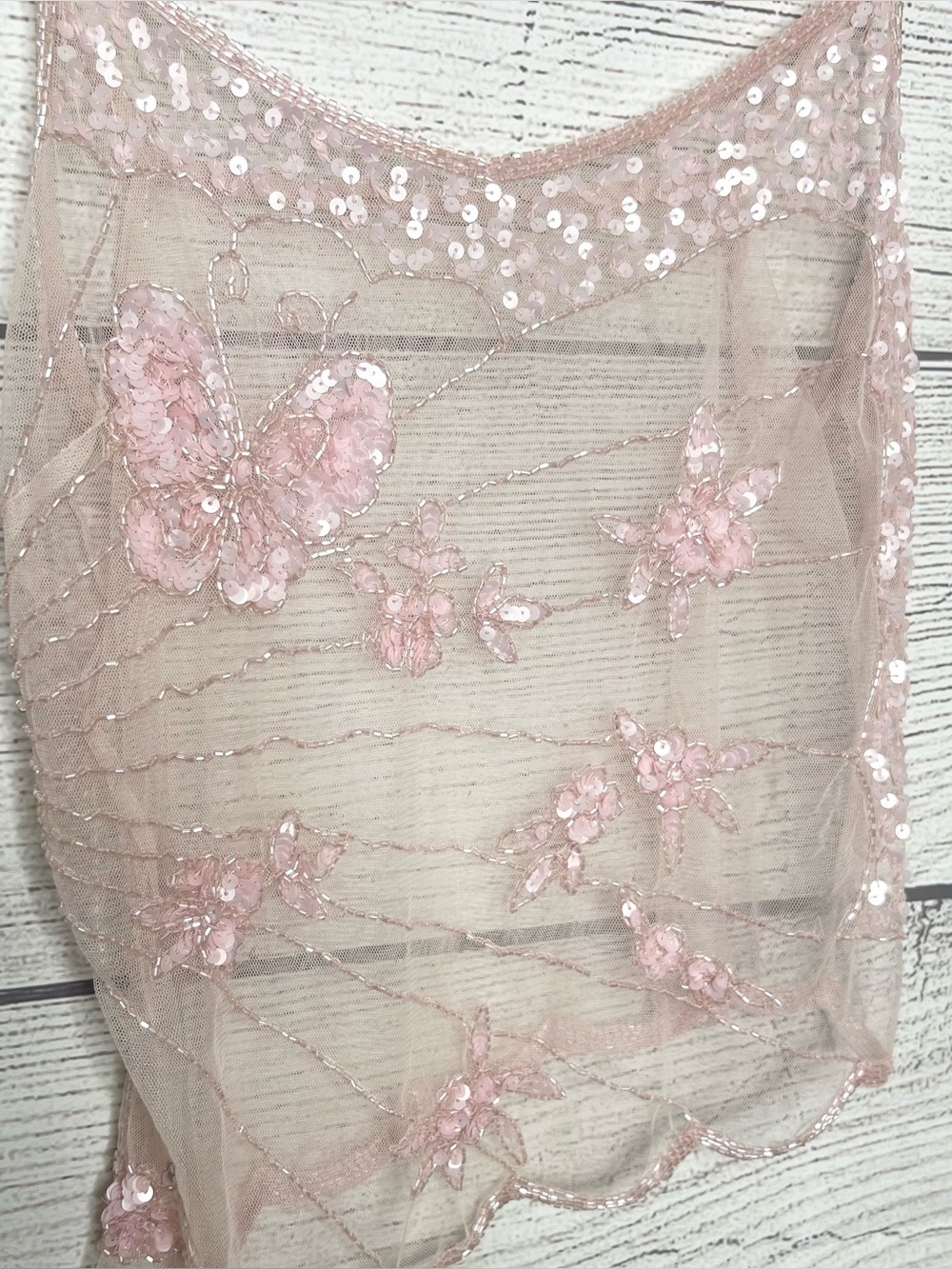 Y2K Sheer Pink Beaded Embroidered Asymmetrical Butterfly Camisole Top Size Small - Picture 8 of 10